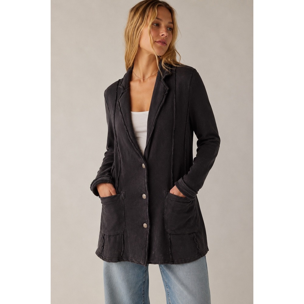 Free People Black Knit Raw Edge Longline Blazer Jacket XS Cotton French Terry